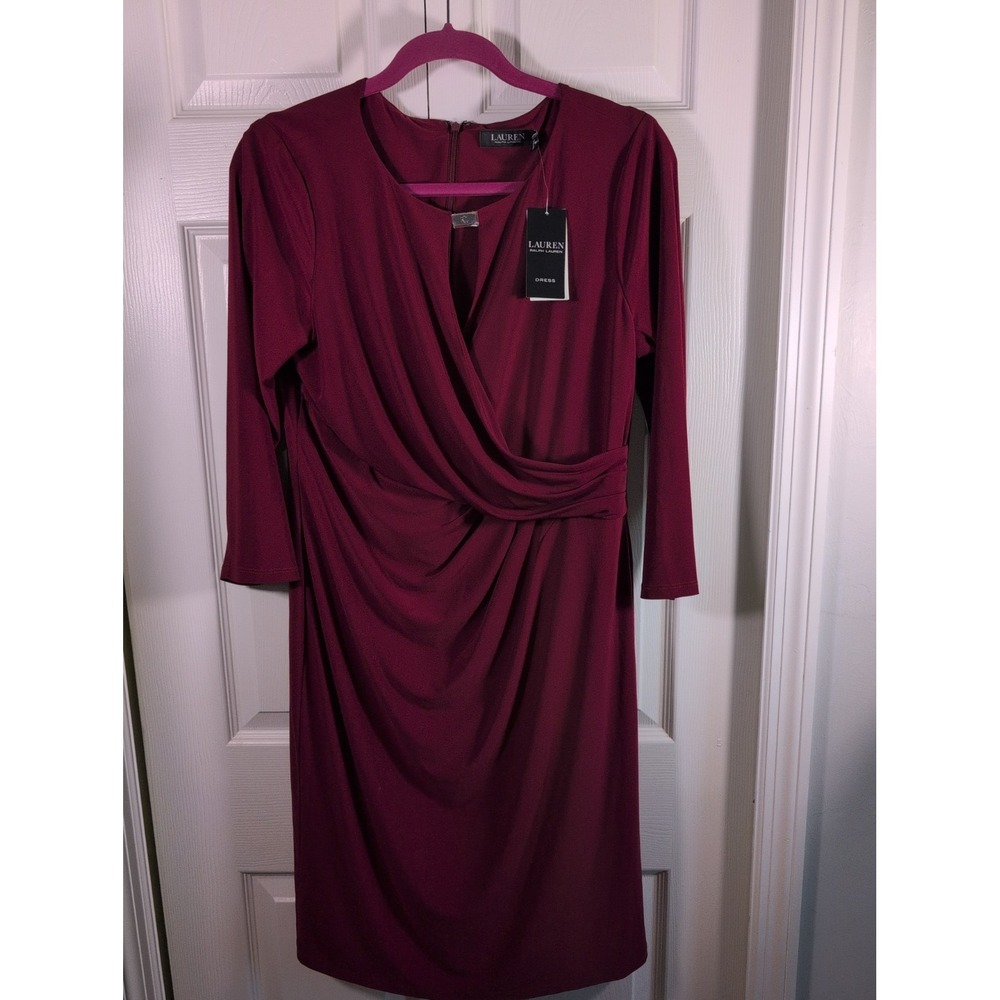 Lauren Ralph Lauren Burgundy Red Sheath Dress Ruched Waterfall Skirt New Size 14